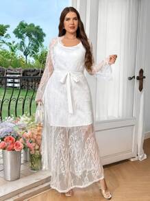 SHEIN Privé Conjunto de 2 peças de Camisola Longa Elegante e Romântica de Renda para Resort de Praia, Loungewear Plus Size - Branco - Visão 4