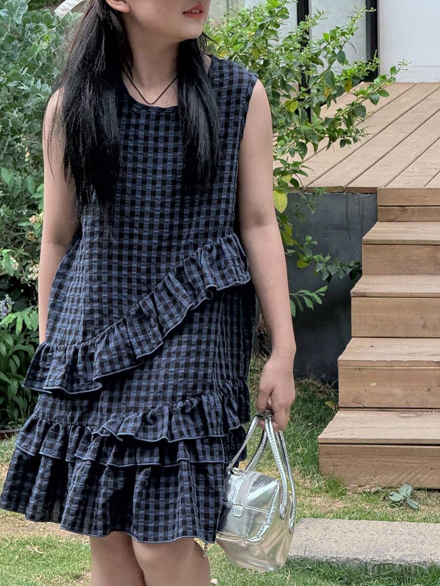DAZY Vestido de punto sin mangas de estilo escocés para niñas, ropa de verano y vuelta al colegio