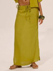 MUSERA Chân váy maxi thắt eo bằng chất liệu satin, thích hợp cho kỳ nghỉ hè ở Ibiza, dễ thương, lãng mạn, lễ hội, du lịch, đi biển, thanh lịch, thường ngày. - Màu vàng - Xem 2