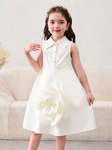 SHEIN 2 Stücke Kleine Mädchen Lässig minimalistischer, komfortabler Polokragen, Perlen Dekor, 3D Blumen Ärmellos Shirt und Mini Rock Set