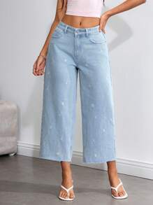 SHEIN EZwear 女式雏菊刺绣口袋宽腿宽松休闲牛仔裤 - 藍色 - 查看 4