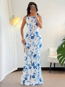 Rafferiza Váy in hoa không tay cho nữ, thanh lịch - Xanh và trắng - Xem 4