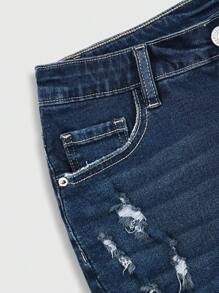 SHEIN ICON Quần short denim rách nhẹ nhàng mùa hè - Rửa tối - Xem 4