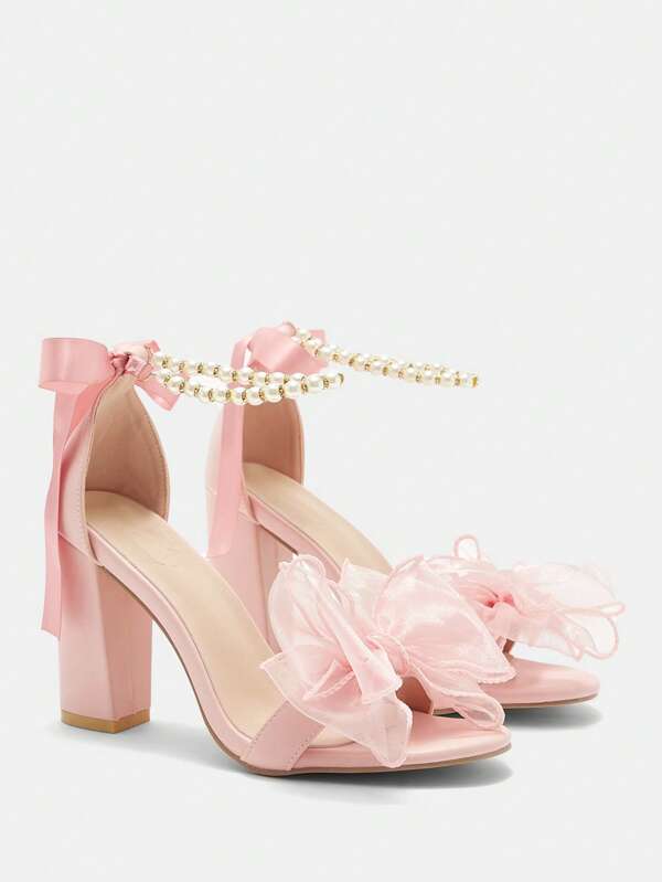 CUCCOO CURVES Women's New Arrivals Sandals, Pink High Heel Sandals, Plus Size Lolita Style Cute Bowknot Beaded Pearl Chain Silk Ribbon Tie Up Chunky Heel Round Toe Sandals