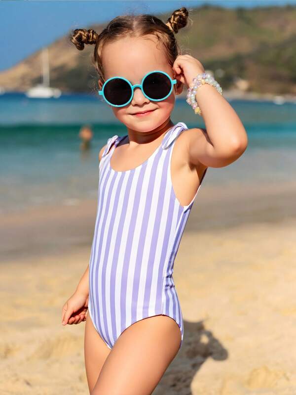WESTFADE Young Young Girl Striped One Piece Swimsuit With Knotted Shoulders (Random Print)