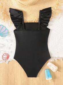 SHEIN Leap Crew Tween Girls Casual Solid Color Adorable Square Neck Crossed Ruffle One-Piece Swimsuit - Black - View 2