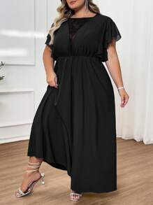SHEIN CURVE+ Vestido de talla grande para mujer con mangas de volantes de malla bordada y parches, elegante para el verano/campo/vacaciones en la playa/atuendos de playa/ropa de playa - Negro - Ver 3