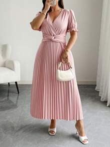 SHEIN Unity Plus Size Women V-Neck Short Sleeve Woven Solid Color Dress With Waist Cross Design, Pleated Flared Long Hem, High-End Elegant & Romantic Maxi Dress - Dusty Pink - View 5