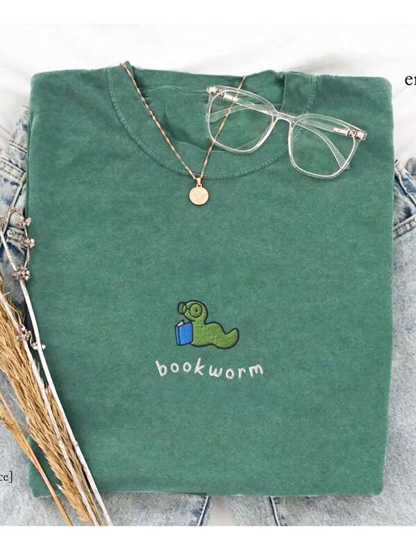 Bookworm Embroidered T-Shirt - Cute And Comfortable Color Shirt Suitable For Book Lovers, Book Lover Gift Women T-Shirt