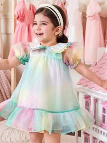 Vestido de verano elegante para niña con cuello de volantes, mangas abullonadas y ribete de volantes de organza verde - Verde - Ver 3