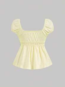 SHEIN MOD Jacquard Gathered Waist Tee With Cap Sleeves, Yellow - Yellow - View 2