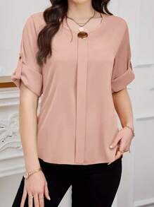 SHEIN Clasi Chemise de couleur unie à manches retroussées, décontractée et citadine pour femme en été - Rose pâle - Voir 7