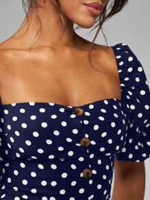 MISSGUIDED LINEN POLKA DOT TAILORED PUFF SLEEVE TOP