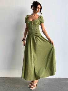 Aloruh Green Backless V-Neck Short Sleeve Dress - Green - View 3