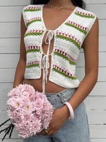 SHEIN EZwear Women's Summer Casual Contrast Striped Drawstring Knit Vest - Multicolor - View 5