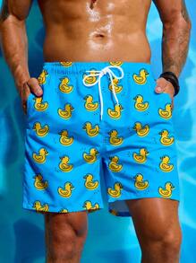 Manfinity Swimmode Men's Cartoon Duck Print Pocket Drawstring Waist Beach Shorts, Suitable For Summer Men Swim Trunks Casual Outdoor Beach Shorts - Blue - View 1