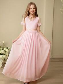 SHEIN 青少年女孩夏季优雅纯色网眼拼布连衣裙 - 粉色 - 查看 6