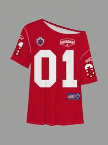 Slaydiva Red Oversized Off-Shoulder Short Sleeve T-Shirt With Minimalist Figure 01 Print, Spring/Summer 2025 - Multicolor - View 2