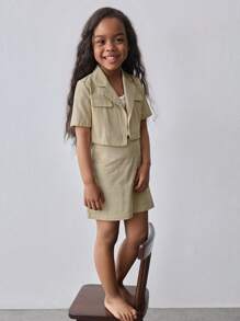 Maija Kids Maija Kids 2 Pieces Set: Young Girl Short Solid Color Jacket With Tassel Decor And Mini Skirt, For Casual Outdoor, Home, Back To School, Fashionable, Versatile, Spring/Summer - Khaki - View 6