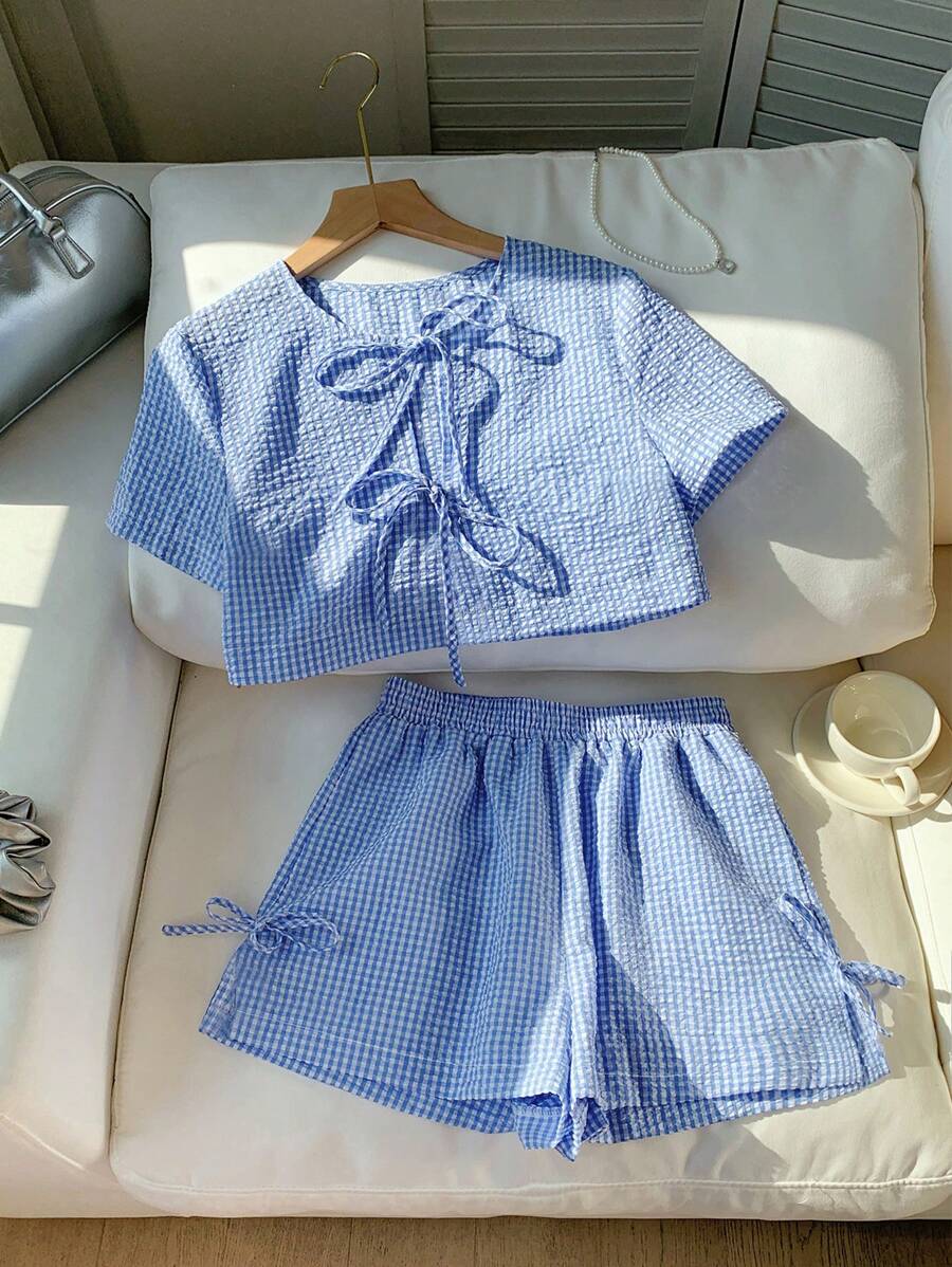 SHEIN Tween 女童格子印花圆领蝴蝶结装饰休闲短袖短款衬衫配蝴蝶结短裤 2 件套，适合返校、休闲度假和日常穿着