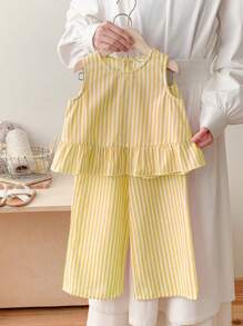 SHEIN LMoss Kids LMoss 2件套年轻女孩梭织纯色翻领修身休闲衬衫搭配梭织宽松裤 - 黃色 - 查看 3