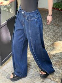 SHEIN ICON Women's Casual Pocketed High-Waisted Wide Leg Jeans