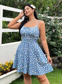 SHEIN EZwear Solflare Plus Size Blue Ditsy Floral Slip Dress, Fashionable For Summer,Wedding Guest Dress Women,Vacation Outfits Woman,Beach Outfits For Woman,Sundress,Birthday Dresses For Women,Festival,Sun Dresses For Women - Blue - View 2