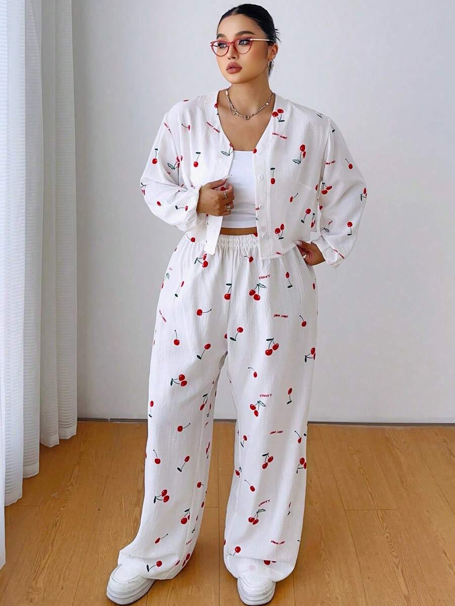 POPSWAY 2pcs/Set Sweet Cherry Print Casual Lounge/Home Wear, Cute & Comfy - Red and White - View 1