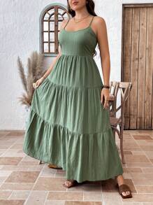 SHEIN LUNE 加大码女式无袖可调节露背露背收腰休闲度假连衣裙仲夏日服装毕业礼服婚礼宾客礼服女士度假服装女士海滩服装女士节日太阳裙女士生日礼服舒适合身休闲风格休闲装度假风格假日服装波西米亚风飘逸连衣裙女士连衣裙优雅长袍女士加大太阳裙女士连衣裙生日女士夏季服装女士夏季套装，女士太阳裙 - 綠色 - 查看 5