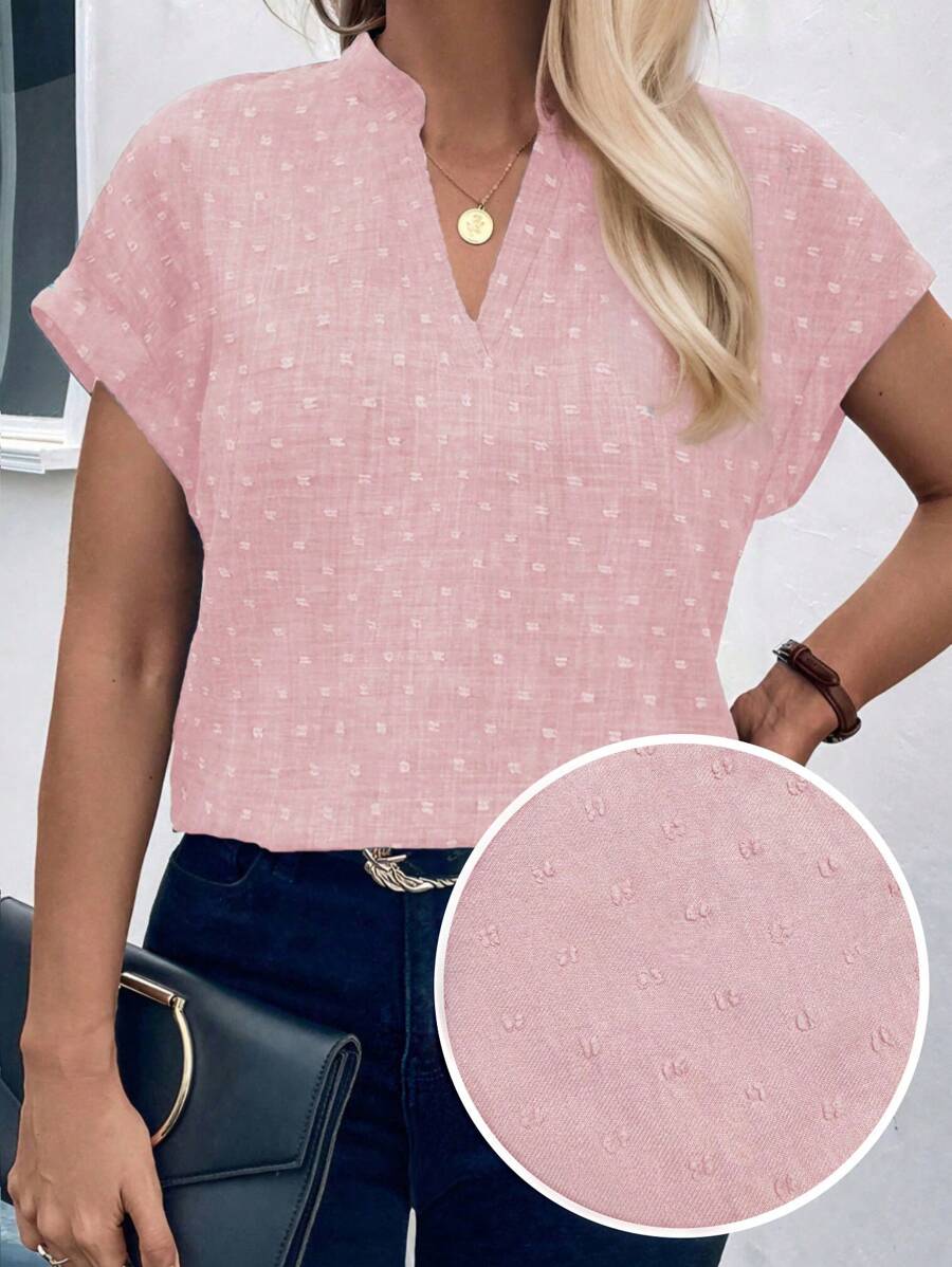 EMERY ROSE Plus Size Plain Notched Neck Short Sleeve Casual Shirt For Summer - Dusty Pink - View 1