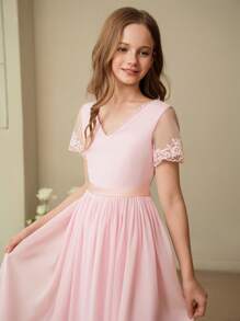 SHEIN 青少年女孩夏季优雅纯色网眼拼布连衣裙 - 粉色 - 查看 4