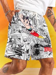 Astro Boy X SHEIN Men's Summer Casual Cartoon Print Drawstring Waist Shorts - Black and White - View 1