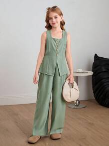 SHEIN Nova Glow Tween Girls Casual Stylish Solid Color Square Neck Sleeveless Top With Straight Leg Pants 2-Piece Set