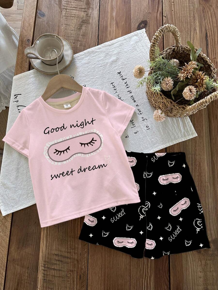 SHEIN Leap Crew Tween Girls Cartoon Printed Pink Eye Mask Casual Minimalist Round Neck Short Sleeve Shorts Pajama Set, Suitable For Summer - Multicolor - View 1