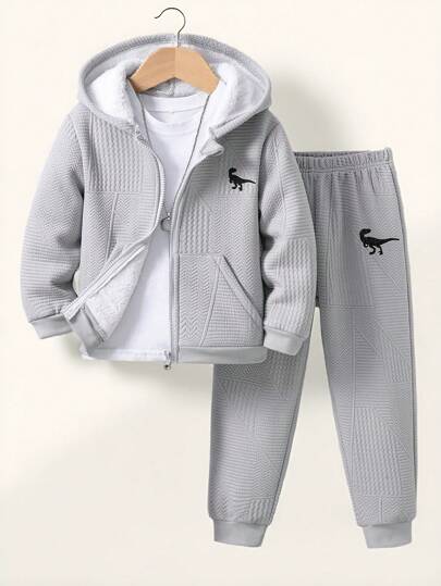 SHEIN Genkimix Kids Chico joven Cazadora con bordado de dinosaurio con forro térmico con capucha con pantalones deportivos sin camiseta