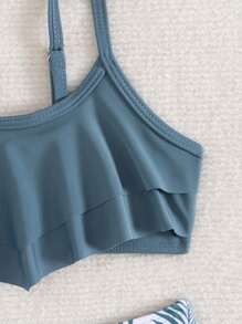 SHEIN 2 pièces/Set Top de maillot de bain noir minimaliste pour jeunes filles et bas de maillot de bain avec impression aléatoire d'arbres de noix de coco