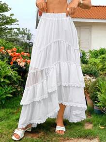SHEIN VCAY Minigonna asimmetrica con vita elastica e pizzo a contrasto, per vacanze estive, abbigliamento estivo da donna