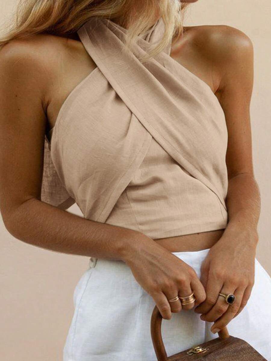 SHEIN VCAY Plus Size Women Summer Solid Color Criss-Cross Halter Crop Top - Khaki - View 1