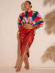 Hauture Women's Abstract Print Pleated Crop Top - Multicolor - View 3