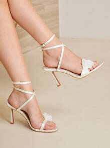 MOTF PREMIUM FLORAL DECOR 8.8CM HEELED ROUND TOE HIGH HEEL SANDALS - Beige - View 2