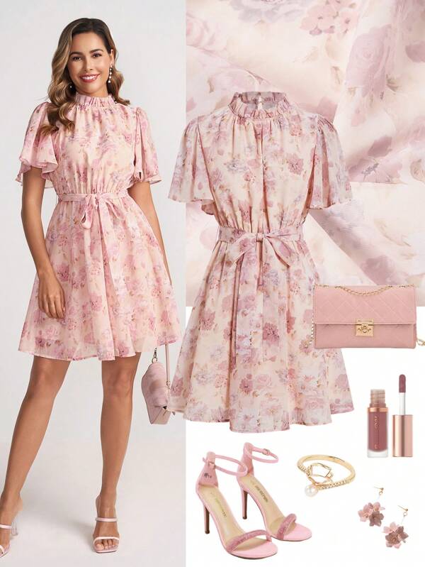 Ellevyn Women's Elegant Floral Print Ruffle Trim Neck Midi Dress, Summer   Classy Outfits For Women Summer Dresses For Women