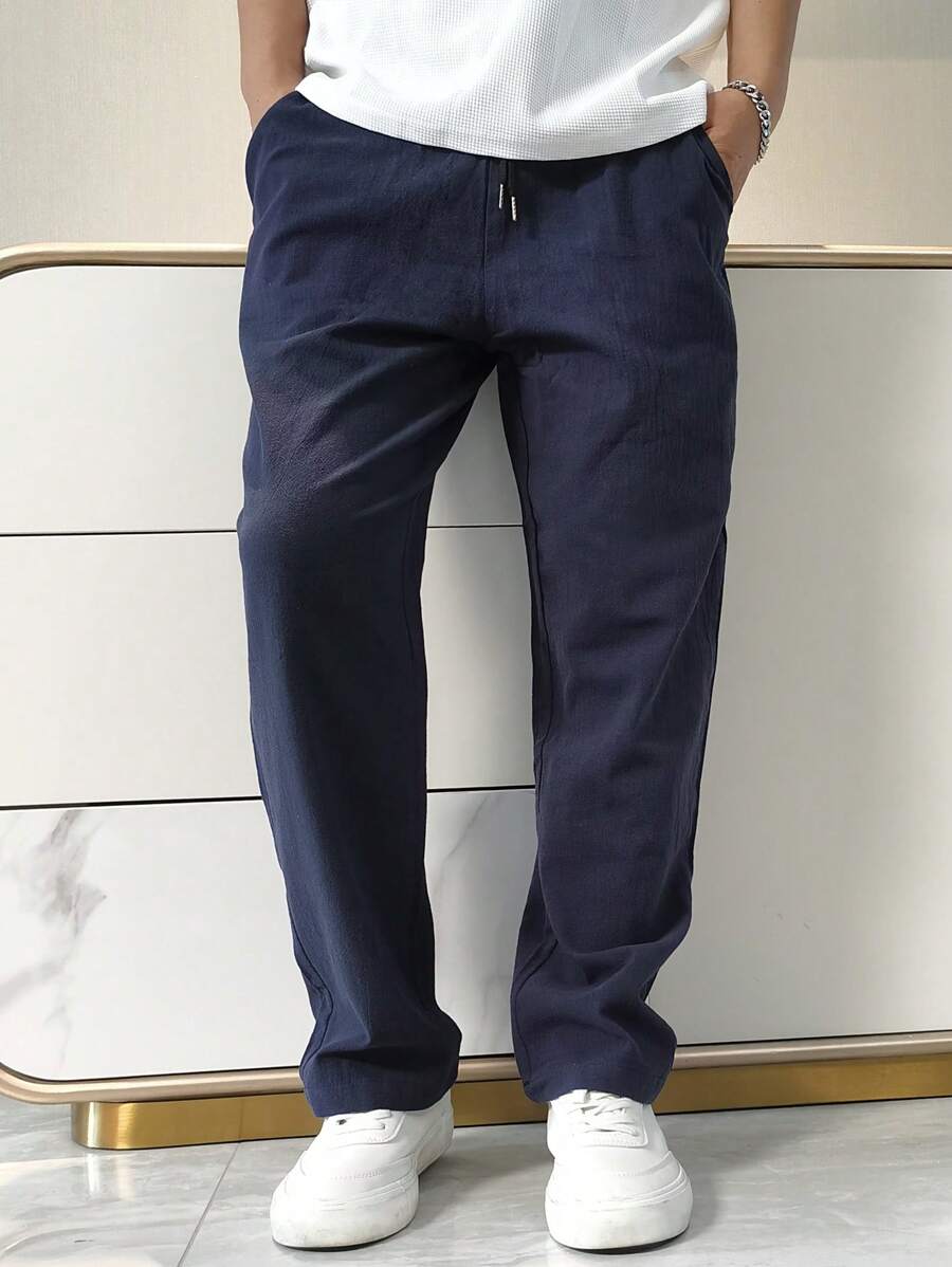 Manfinity Homme Men Casual Simple Solid Drawstring Waist Pants, Fall - Navy Blue - View 1