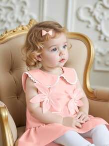 Baby Girls' Peter Pan Collar Sleeveless A-Line Dress,Pink Summer Elegant Layered Party 3D Floral Embellishments Comfortable Dress For School Events - Pink - View 1