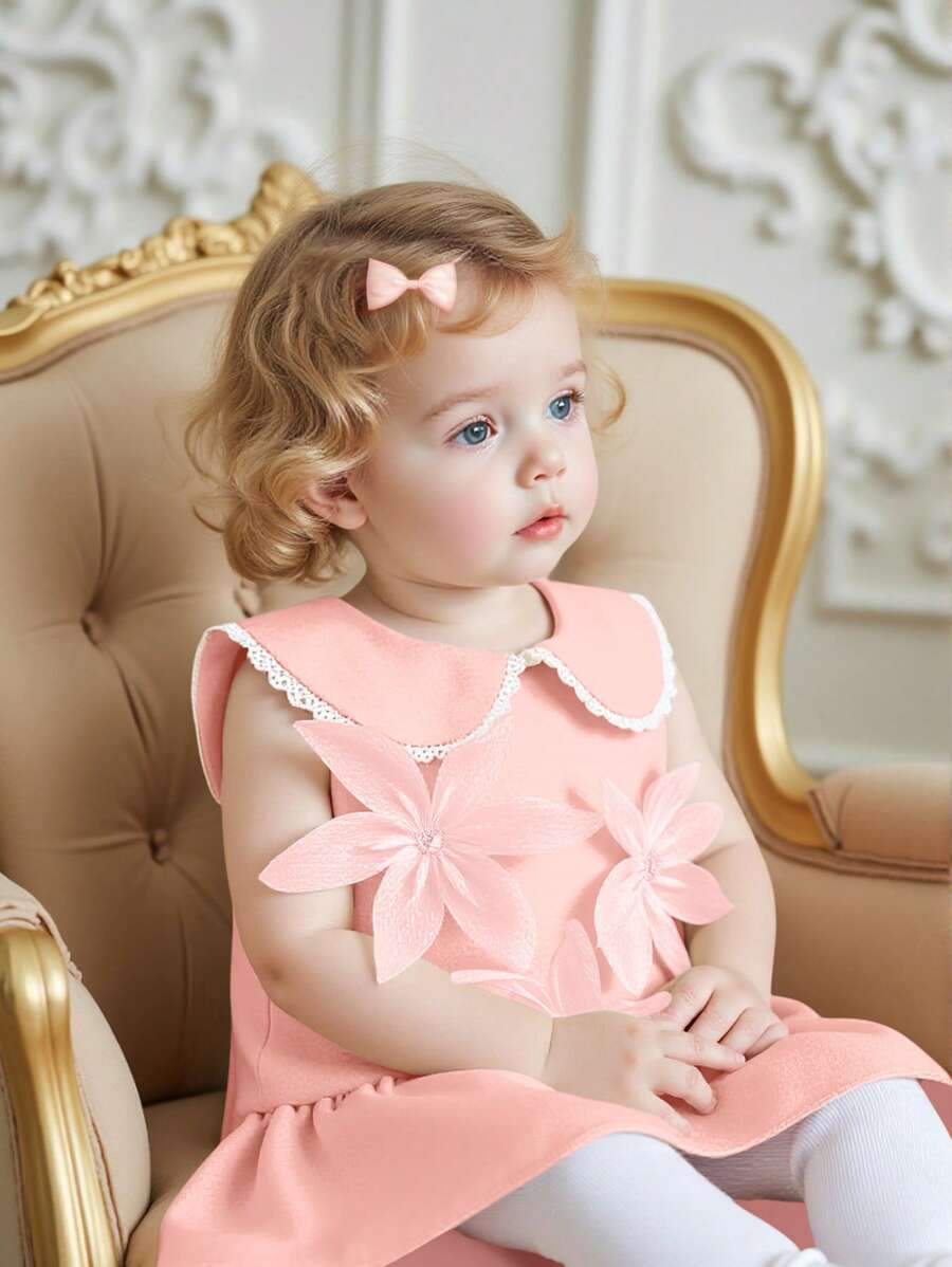Baby Girls' Peter Pan Collar Sleeveless A-Line Dress,Pink Summer Elegant Layered Party 3D Floral Embellishments Comfortable Dress For School Events - Pink - View 1