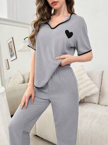心形印花女式休闲家居服套装 - 淺灰色 - 查看 3