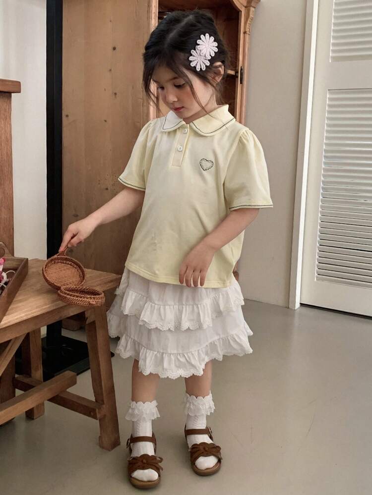 2セット ガールズサマーアウトフィット - ポロカラーショートスリーブTシャツとスカートセット