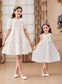 SHEIN Tween Girls Cute & Elegant Jacquard Organza Lace Peter Pan Collar Puff Sleeve Mini Dress - White - View 6