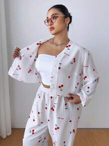 POPSWAY 2pcs/Set Sweet Cherry Print Casual Lounge/Home Wear, Cute & Comfy - Red and White - View 6