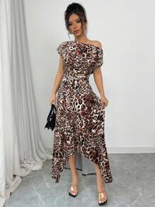 Firerie Women's Summer Dress With Asymmetrical Shoulder, Short Sleeves, Pleated Front Panel, Asymmetrical Hem Design In Woven Fabric, Daily Casual Versatile Style