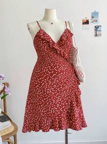 Soleia Plus Size Boho Allover Heart Print Tie Side Wrap Cami Dress,Beach Dress Sundress,Holiday Outfits
